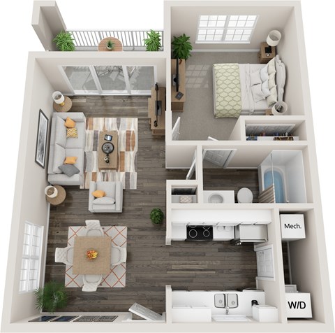 Floor plan for 1 bed, 1 bath, 700 sqft